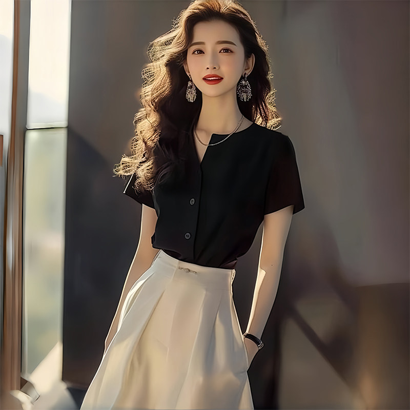 热销法式黑色短袖衬衫衬衣女2024新款早秋轻奢高级感独特别致雪纺