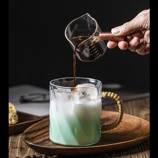 复古藤编玻璃咖啡杯棱形渐变水杯北欧风奶茶冷萃杯家用大容量茶杯