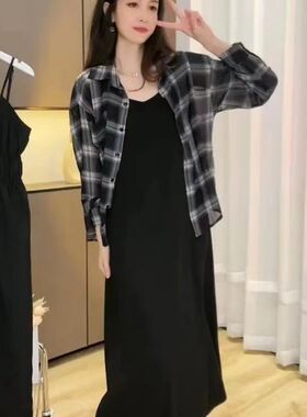 哺乳连衣裙套装夏季外出时尚辣妈款吊带裙衬衫两件套喂奶衣服夏装
