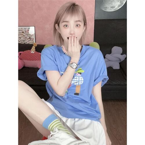 东大门复古趣味卡通印花短袖t恤女2024夏新款多巴胺休闲减龄上衣