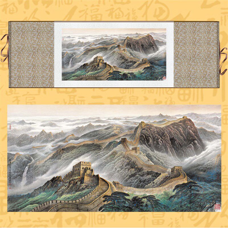 速发高清中国画里挂画卷轴画办公室靠山画丝绸画横幅已装裱