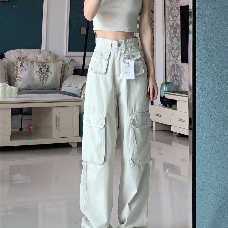 大码胖妹妹美式高街白色工装裤女A春季新款设计感口袋阔腿直筒长,女装/女士精品,大码裤装,淘宝优惠券,粉丝福利购,淘宝优惠卷