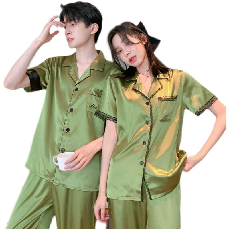 新款春秋情侣睡衣女冰丝花边短袖薄款韩版男士丝绸夏季家居服套装