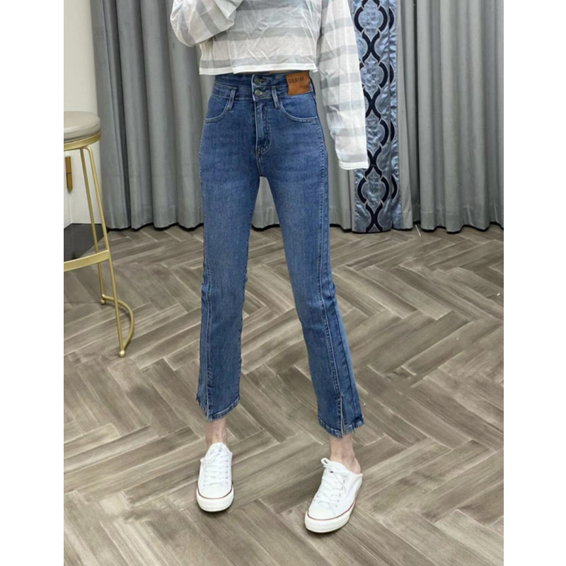 设计感裤子女春秋大码高腰显瘦直筒九分裤胖妹妹Pmm弹力开叉牛仔