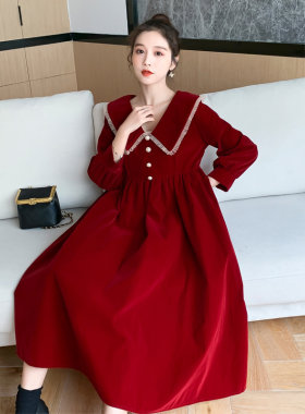 孕妇装红色洋装结婚敬酒服回门礼服大摆裙遮肚大尺码长裙子秋冬装