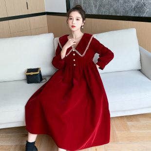 孕妇装红色洋装结婚敬酒服回门礼服大摆裙遮肚大尺码长裙子秋冬装