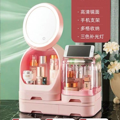 网红化妆b品收纳盒梳妆台带led镜子一体箱高级感桌面护肤品置物架