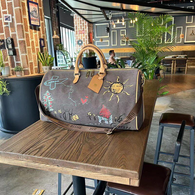 涂鸦帆布手提包大容量短途旅行包干湿分离健身包行李袋收纳袋时尚