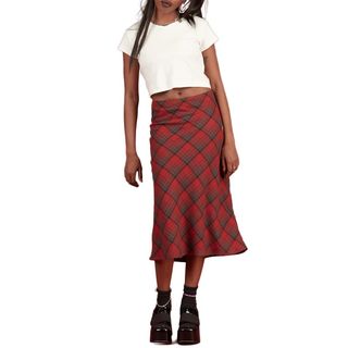 速发Vintage 90s Plaid High Waist Printing A-Line Long Skirt