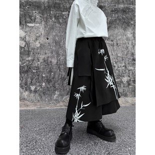 日系山本耀司风立体叠层绑带设计感阔腿裙裤竹子印花国潮风八分裤