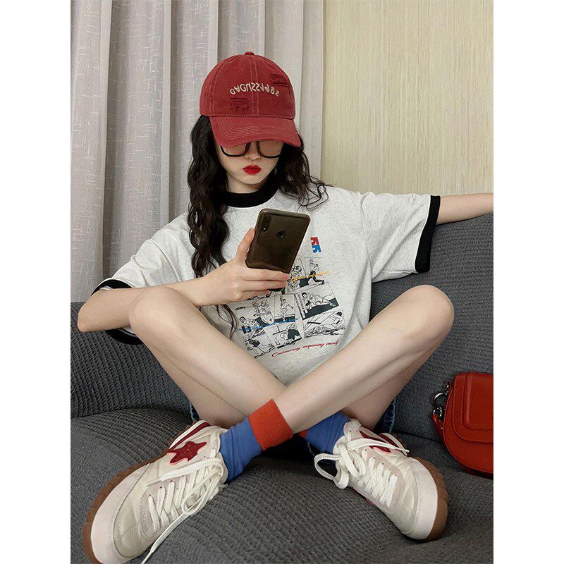 韩国设计感撞色卡通印花短袖T恤女夏季新款宽松显瘦百搭休闲上衣