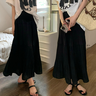 黑色高腰压褶半身裙孕妇夏季中长款托腹裙宽N松设计感百搭a字长裙