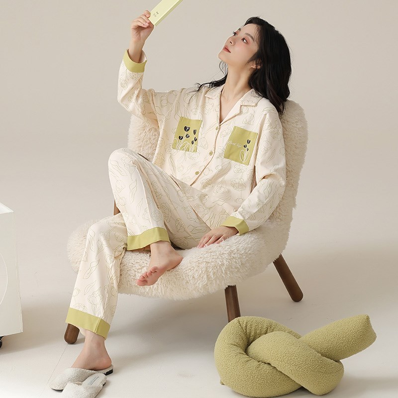 睡衣女春秋款长袖长裤植物花卉开衫女K士秋冬季家居服两件套装