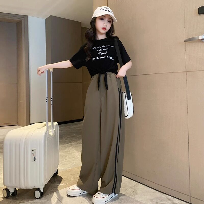 潮牌短袖女童套装字母洋气网红夏季新款大童休闲时尚阔腿裤两件套
