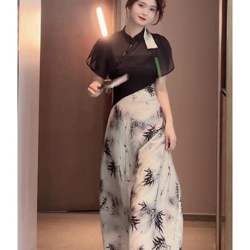 欧洲站夏季女装新中式国风高端改良旗袍款水墨画吊带裙罩衫两件套