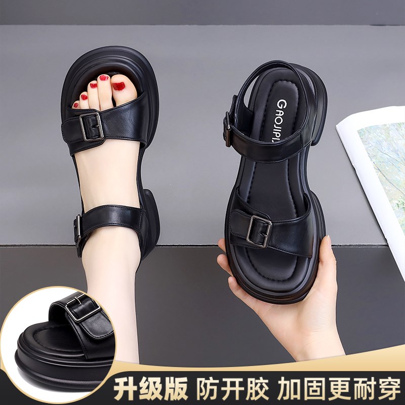 34小码厚底粗跟露趾凉鞋女2025新款夏季休闲防水台V魔术贴软底中