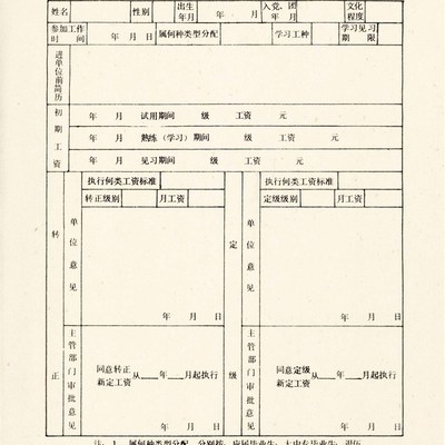 老纸老旧档案表格旧工资表转正定级审批表50克杂点浅蜂窝纹双面