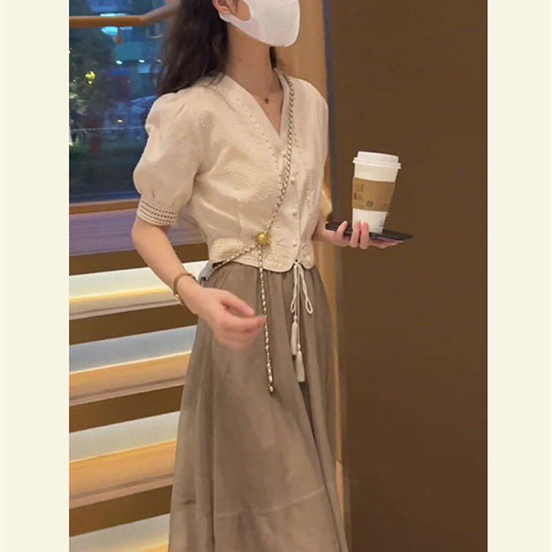 欧洲站法式茶歇初恋甜美设计感小众减龄温柔风衬衫半身裙两件套夏