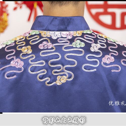 定制 新中式结婚男装 秀和服龙凤褂马褂裙褂唐装结婚礼服男蓝色02