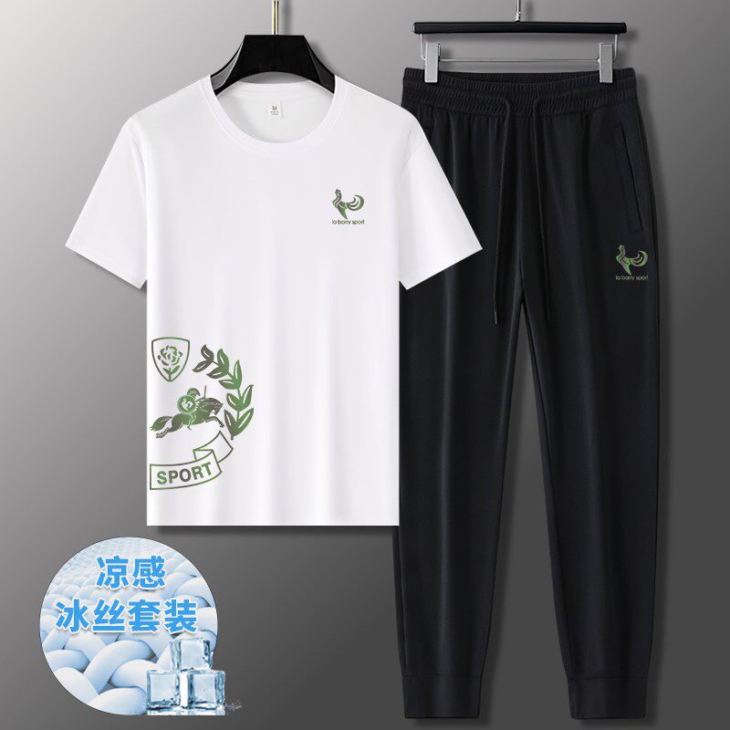~时尚搭配!夏季休闲冰丝套装男士短袖t恤束脚长裤两件套