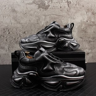 加绒复古内增高男运动休闲鞋 潮牌厚底老爹鞋 冬季 2024新款 真皮男士