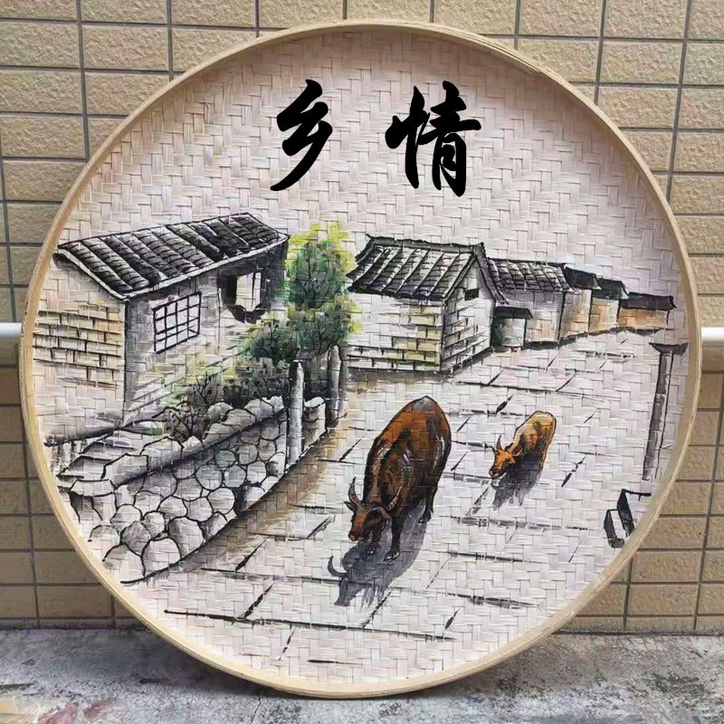 竹编手绘簸箕画装饰品酒文化挂饰圆米筛墙饰M农村墙壁挂农家乐挂图片