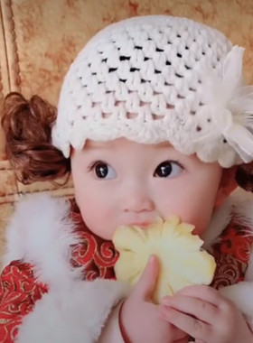 婴儿帽子春秋0-3-6-12个月z女童假发帽新生儿公主帽女宝宝假发帽