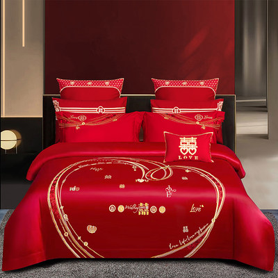 婚庆床组被套四件套大红色全纯棉绣花简约婚房床单结新婚被罩4件
