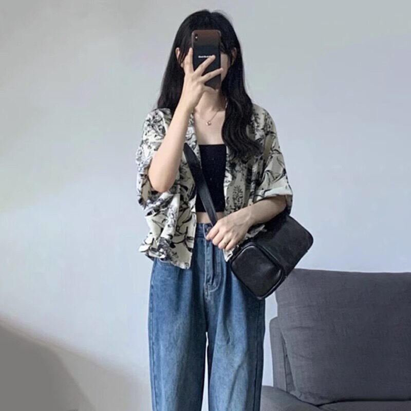 现货2023年新款短袖港风衬衫女大码胖mm微胖小Q众衬衣外套碎花上