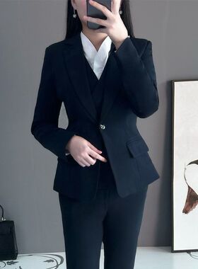 西装蓝色马甲e女秋冬外套职业套装工作服时尚洋派2023新款商务正
