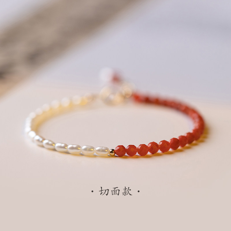 小众高货天然南红玛瑙手链女设计感ins小众米粒小珍珠手串极细2mm