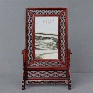 红木屏风插屏酸枝木雕刻家居摆件天然大理石插屏实木屏风座屏台屏