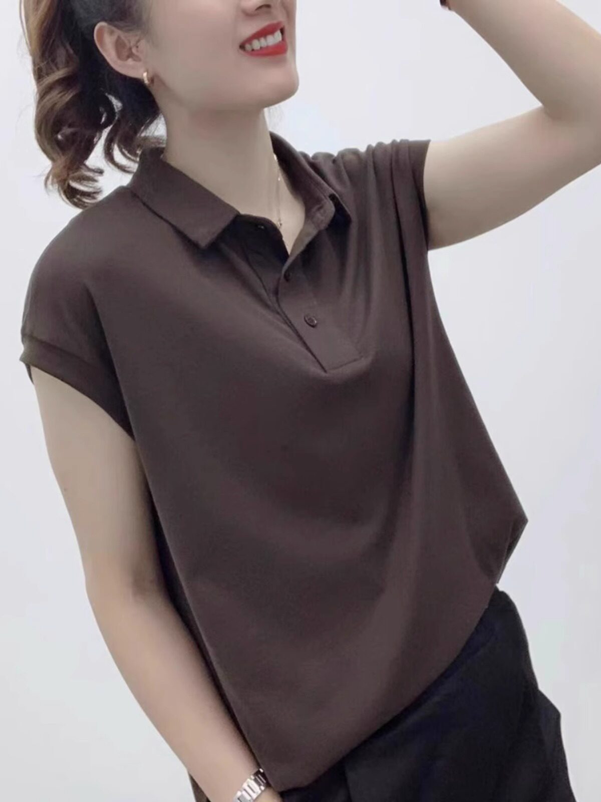 翻领短袖POLO衫女2023夏季新款休闲百搭显瘦韩版纯棉t恤上衣薄款