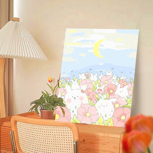 蔷薇兔中国风DIY数字油画w0基础手工丙烯填充手绘装 饰画油彩画