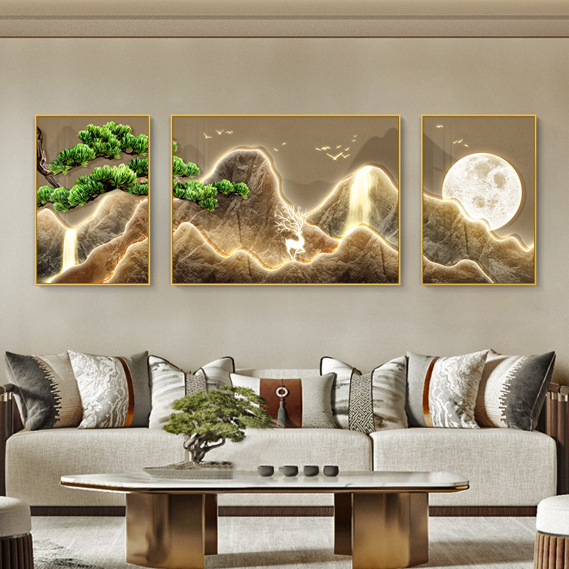 迎客松客a厅装饰画新中式大气山水三联画现代简约沙发背景墙挂画