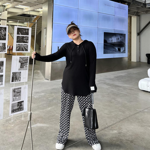特大码女装连帽针织上衣2023年秋季胖妹妹mm中长款打底衫长袖T恤