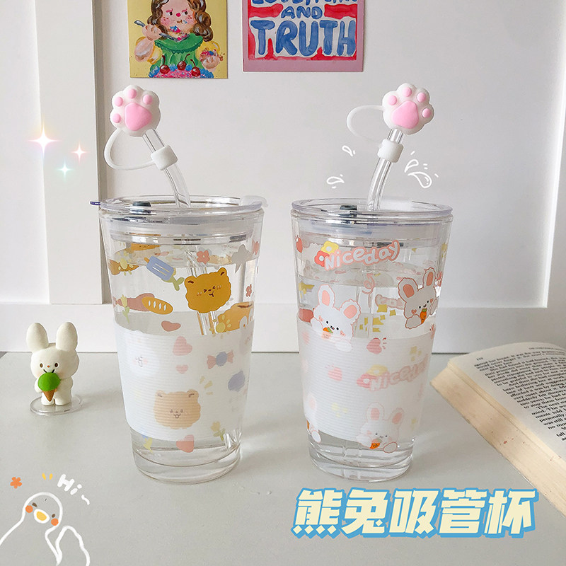 现货可爱卡通f玻璃早餐牛奶杯女生高颜值吸管水杯带把家用情侣喝