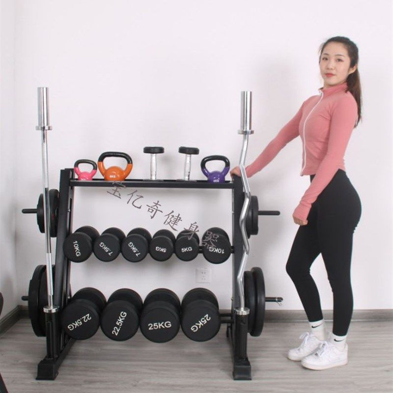 三层双层哑铃架健身器材多功能储存架壶铃杠铃杆杠铃片收纳架包胶