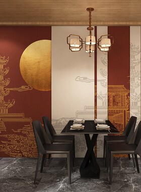 新中式古风墙纸复古红色中国风串串烤肉火锅店阁楼禅意茶室壁纸