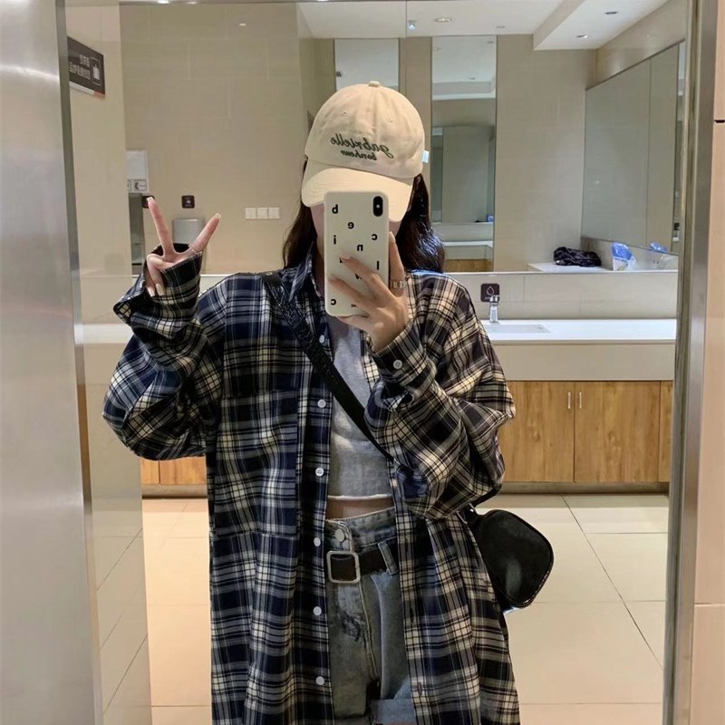 现货大码胖MM薄款格子外套女2023新款美式复古衬衫宽X松外穿上衣