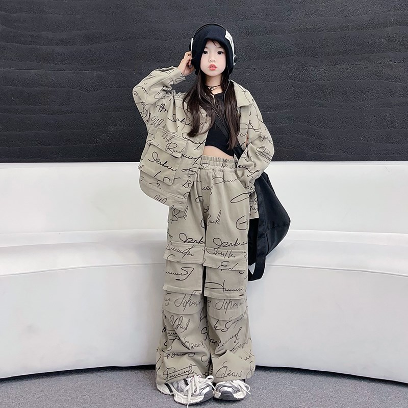 女童美式复古g迷彩工装牛仔套装2024春新款宽松休闲阔腿裤两件套