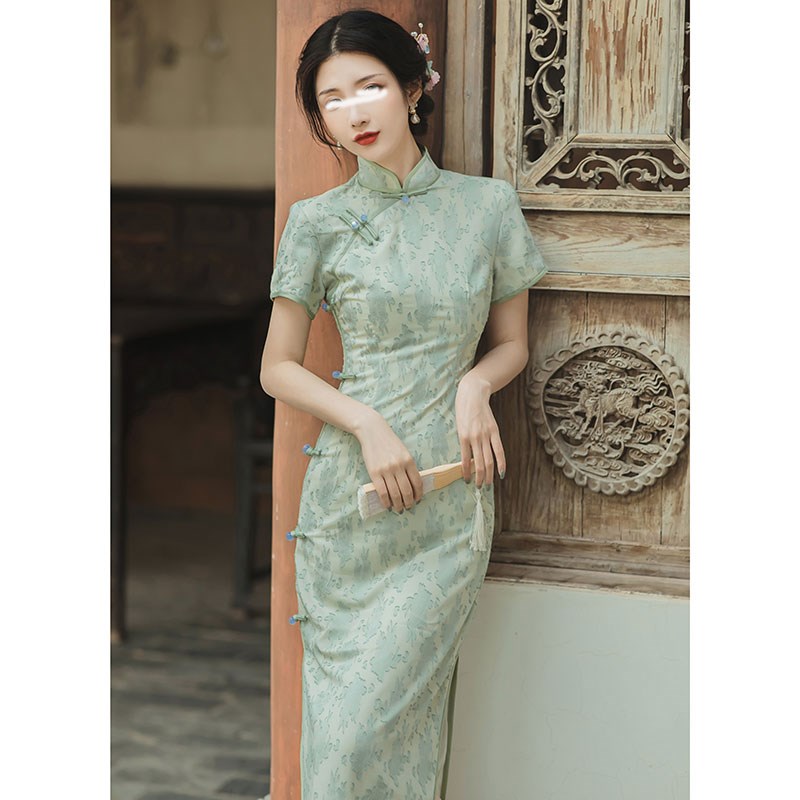 然然高个子女装新中式改良旗袍绿色清冷J感加长版连衣裙夏季新款