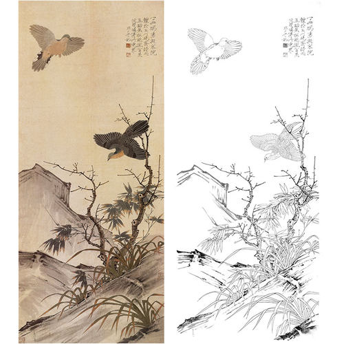 工笔画白描底稿花鸟双鸠竹兰图于非闇勾线实物打印稿尺寸可选YF85
