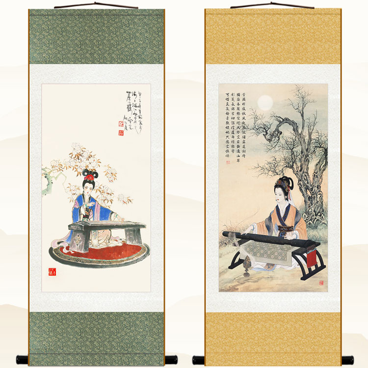 仕女抚琴图 古代美女古筝弹琴人物画像 中式卷轴挂画装饰画绢布画