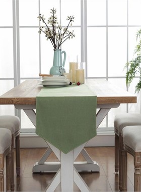 军绿色桌旗棉麻纯色印q花现代简约会议长条茶几旗斗柜旗床尾巾定