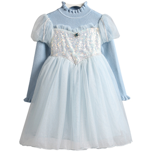 女童洋装2c023秋冬装女孩甜美木耳边针织毛衣裙宝宝仙气网纱裙子