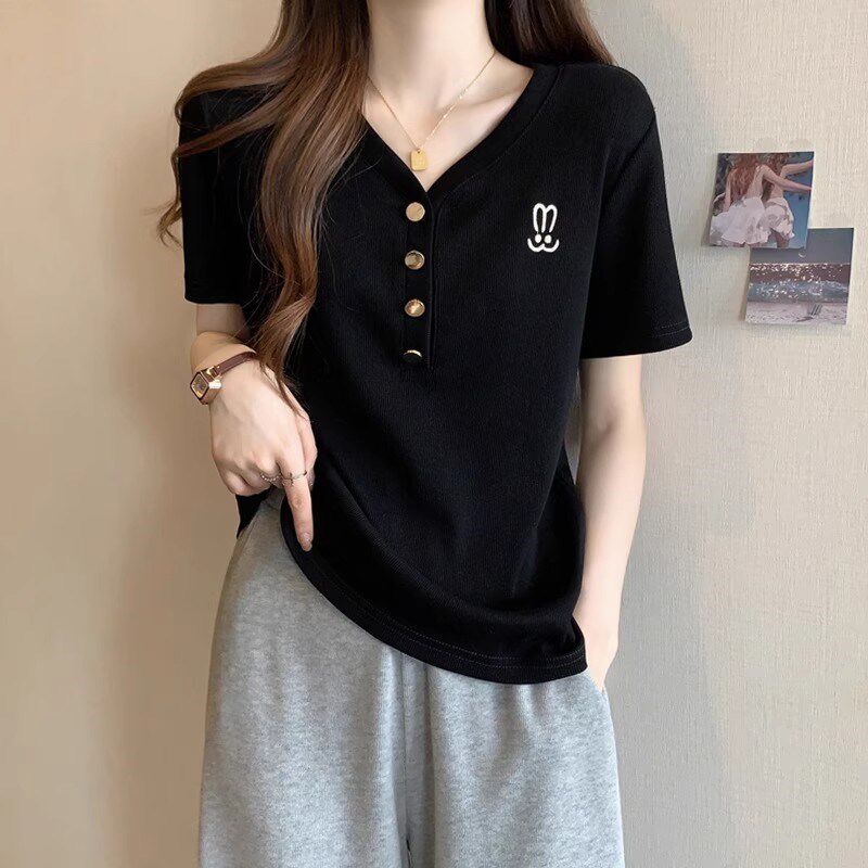 韩版女装正肩V领短袖t恤夏季胖妹妹遮肚子显瘦上衣时尚简约打底衫