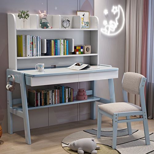 实木书桌书架一体桌家用卧室学生学习桌儿童女孩写字台小户型桌椅