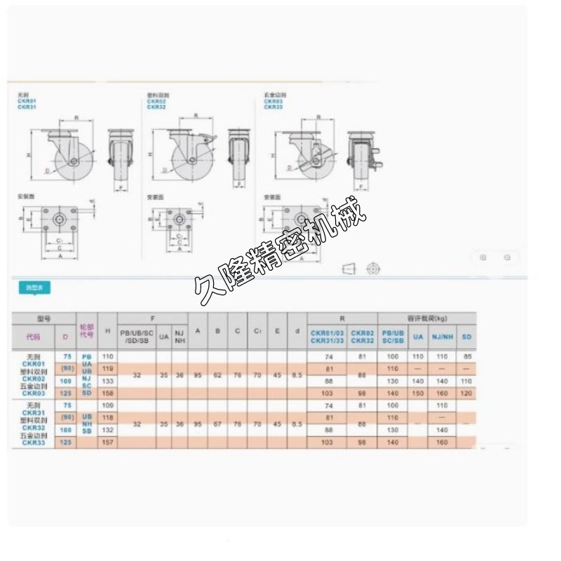 不锈钢脚轮CKQ31/CKR31/CKR32/CKR33-D75/90/D100/D125-UB/NH/SB