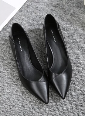 21春新尖头软皮职业工作鞋女黑色D空姐高跟鞋面试正装上班细跟单